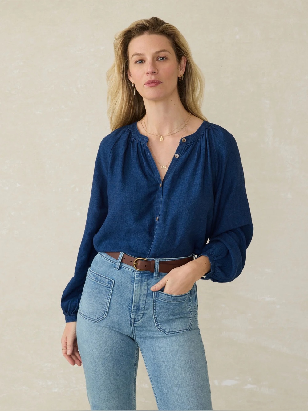 Faherty Tried & True Easton Top Deep Lagoon Wash NEW Balloon Sleeve Blouse Denim
